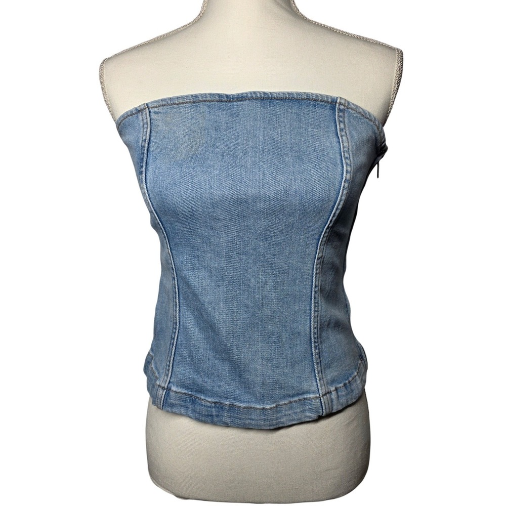 Mango MNG Denim Tube Top Medium Light Wash Strapless Corset Style Side Zip Y2K
